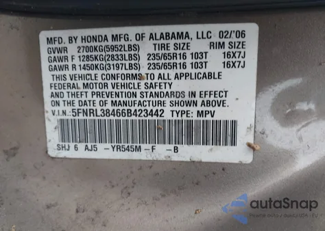 2006 Honda Odyssey Ex из США, поврежденный, VIN 5FNRL38466B423442